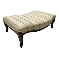 Pair of French design stained beech footstools, shaped form upholstered in pale fabric with herringbone stripe, on cabriole feet with scroll carved terminals 