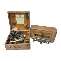 1940s Heath & Co brass and copper 'Hezzanith' sextant No. H412, in original oak carrying case, the inside lid with examination certificate dated 1942, together with a patinated brass miners level, in wooden box inscribed G.H Burrows