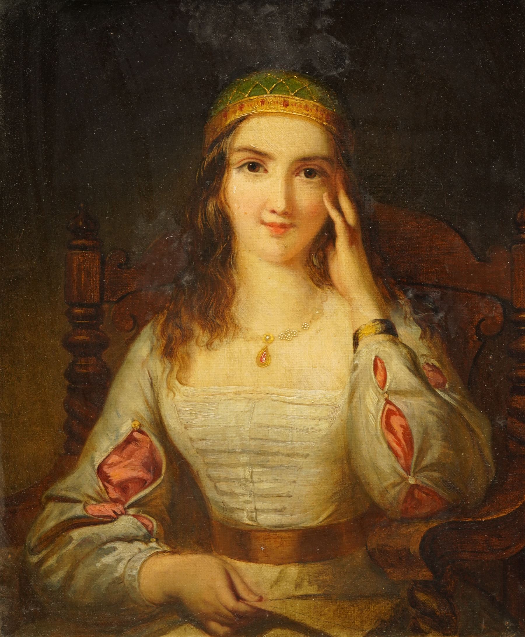 English School (19th century): Portrait of a Renaissance Beauty wearing a Headdress, oil on canvas unsigned