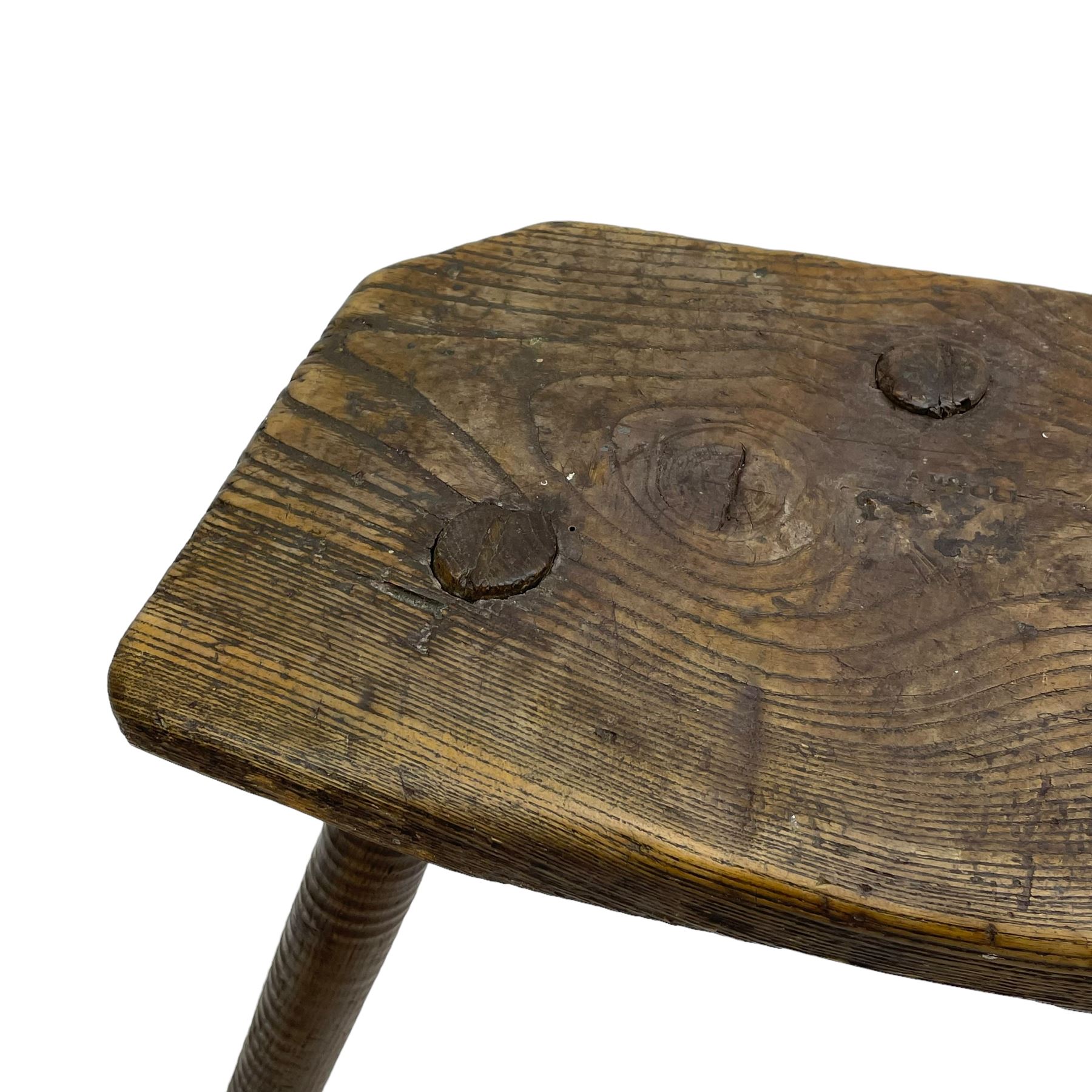 19th century elm cutler's stool, shaped seat on three rib turned supports