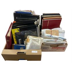 Great British and World stamps, including Queen Victoria perf penny reds, half penny bantams, first day covers, PHQ cards, reference materials etc, housed in various albums, stockbooks and loose, in two boxes