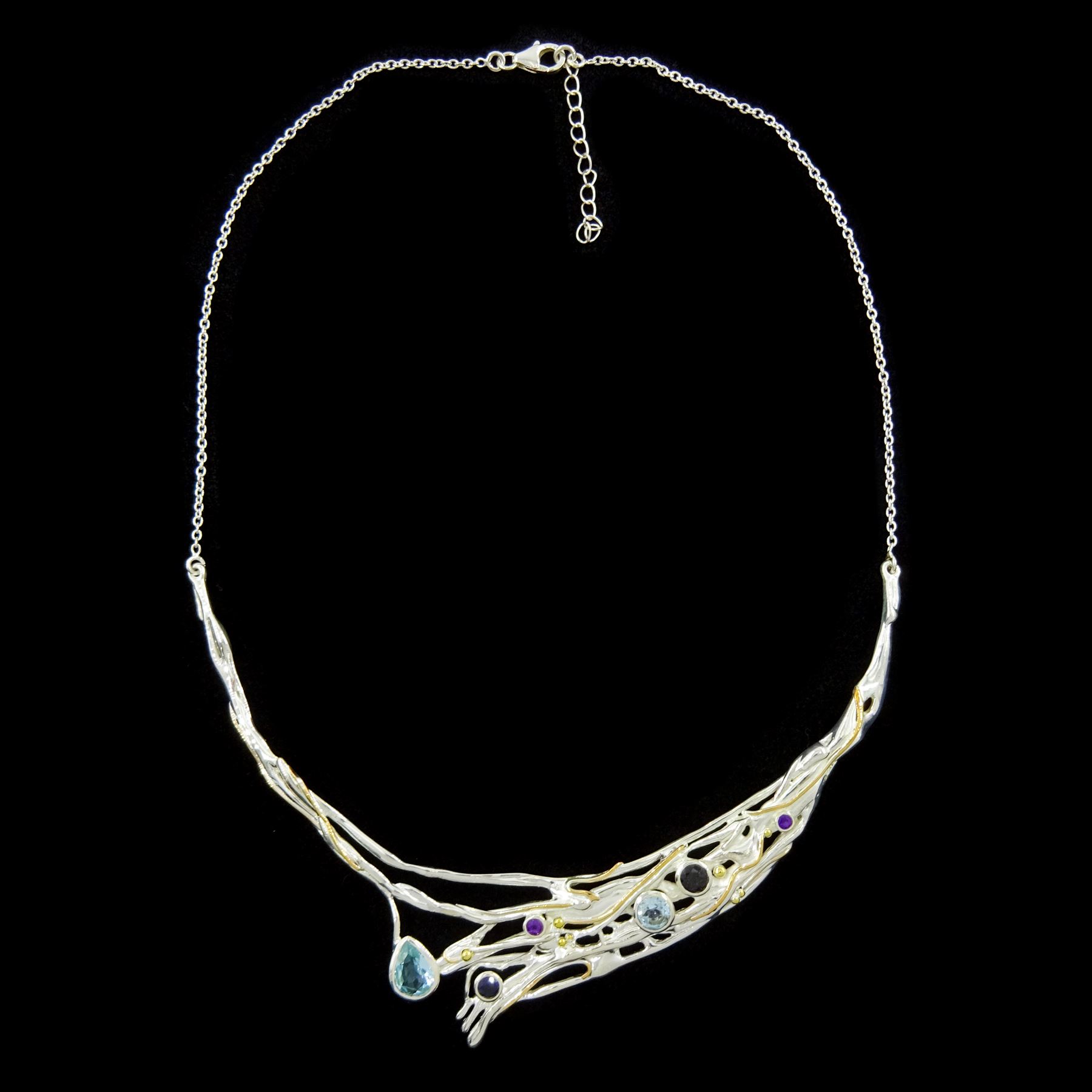 Silver and 14ct gold wire blue topaz, amethyst and iolite necklace, stamped 925