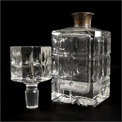 Square glass spirit decanter with silver collar and square stopper and two other decanters with silver collars (3)