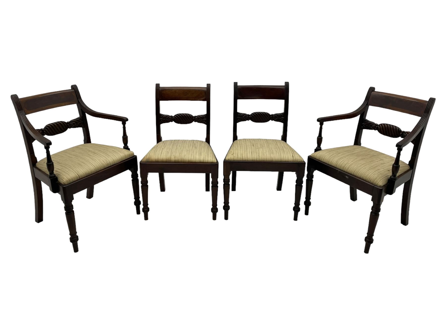 Georgian design set of six (6+2) mahogany dining chairs, the bar cresting rail inlaid with figured mahogany panel, shaped twist lobe carved middle rail with extending stylised leaf decoration, upholstered drop-in seat, on turned front supports 