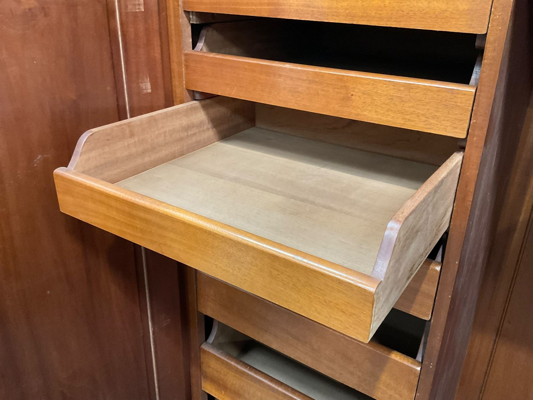 Edwardian inlaid mahogany double wardrobe, panelled doors enclosing sliding trays and hanging rail, fitted with single drawer to base