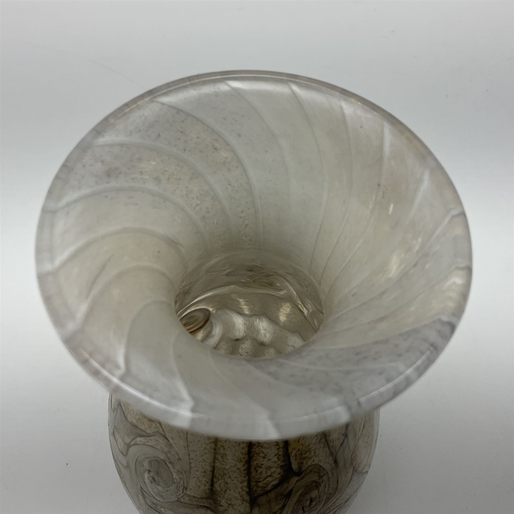 Three Gozo Glass vases of various shapes, decorated with mottled and swirled textured designs in shades of brown, together with two murano  pedestal dishes, largest dish H23cm