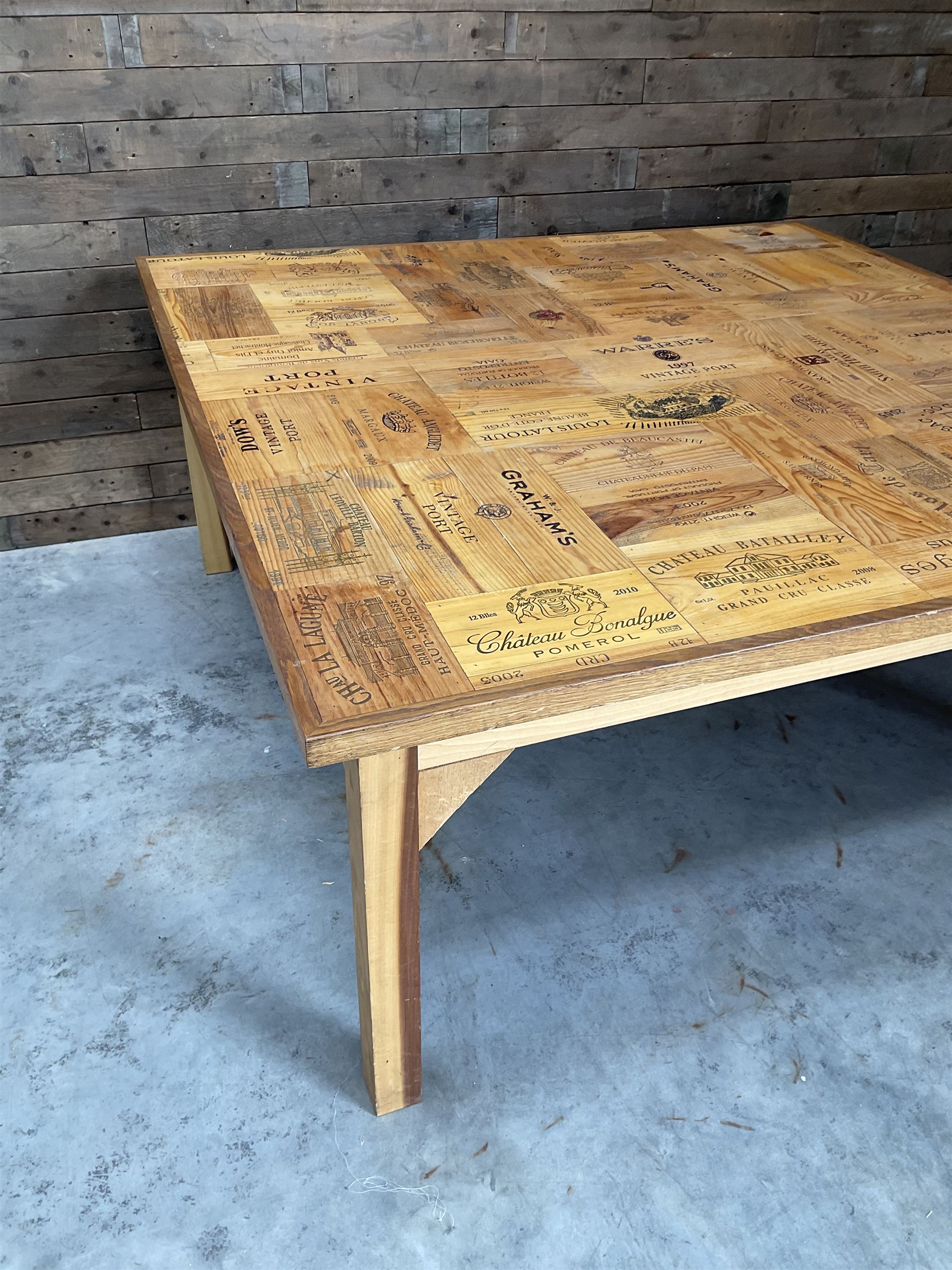 Square centre dining centre table, parquetry wine crate top with oak edging, on beech legs