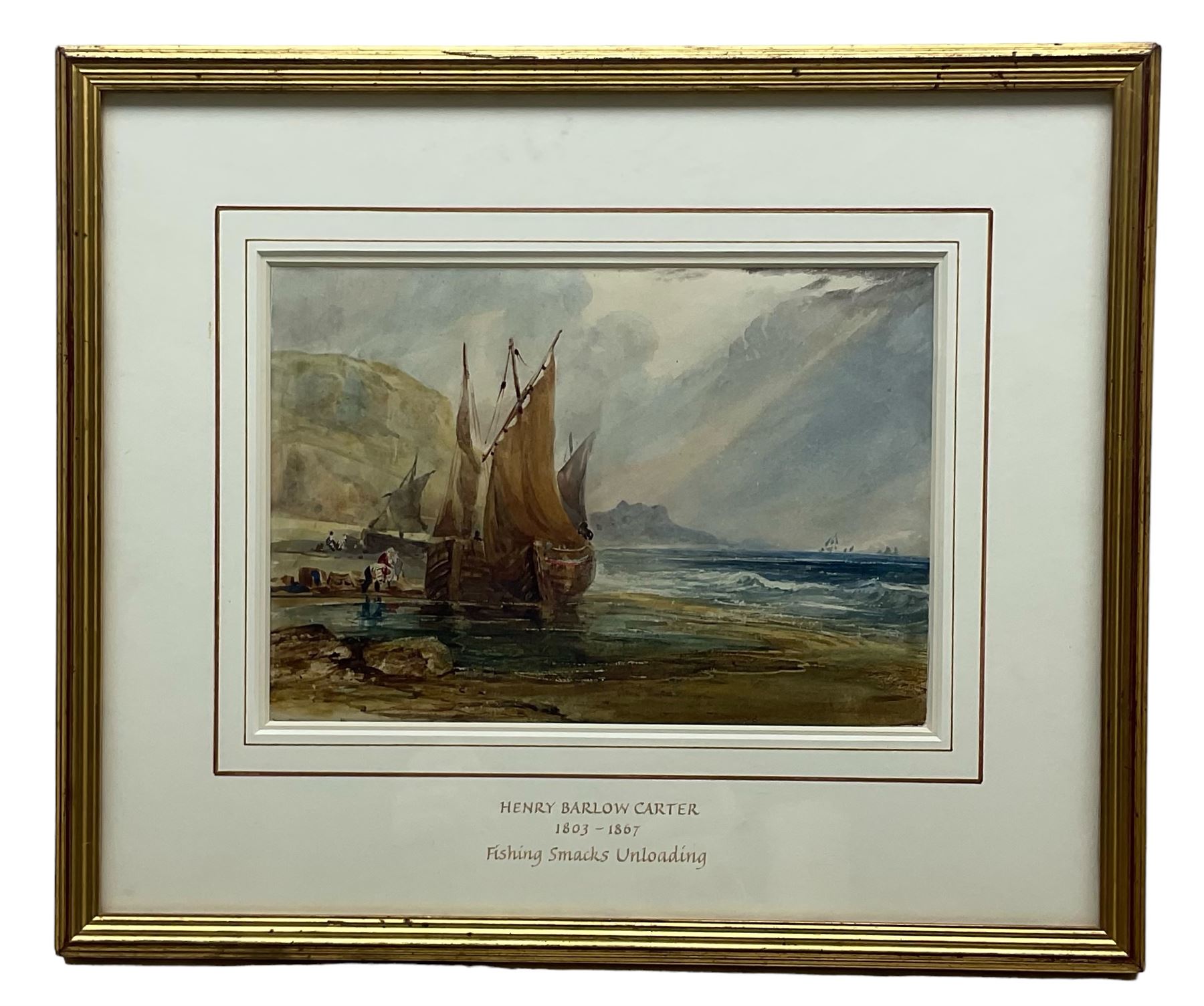 Manner of Henry Barlow Carter (British 1804-1868): Boats Unloading on the Shore, watercolour unsigned, various labels verso 17cm x 24cm