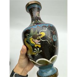 Pair of Japanese cloisonné vases of baluster form, decorated with dragons chasing a flaming pearl, H26cm 