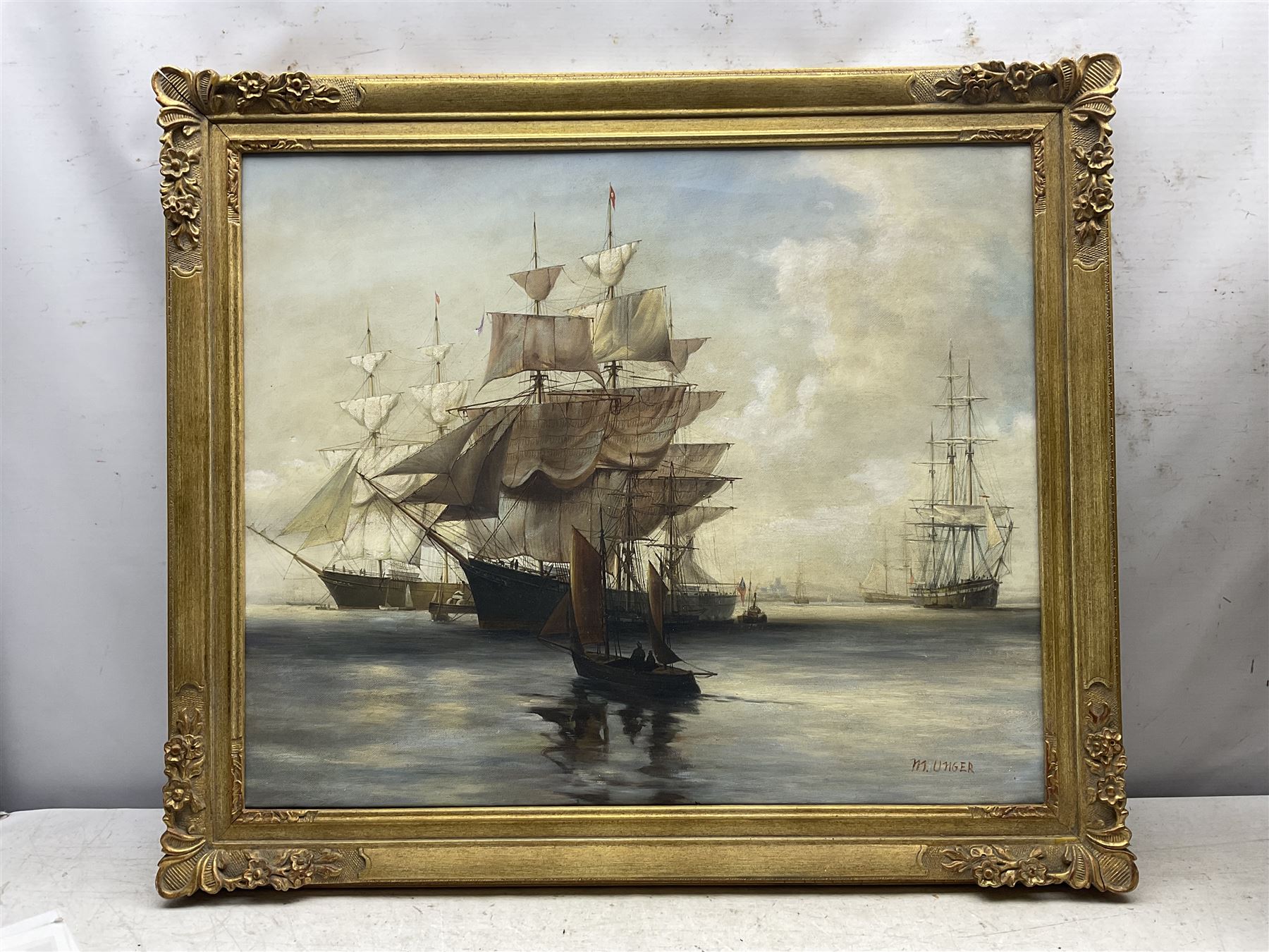 Continental School (Mid 20th Century) Ships at Full Sail, three oils by different hands signed F Daniels, Ambrose and M Unger together with an indistinctly signed impressionist landscape max 59cm x 90cm (4)