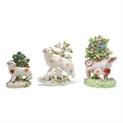 Two 18th century Derby porcelain groups modelled as a ram standing before bocage above a r...