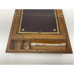 19th century walnut writing slope, the hinged lid with inlaid cartouche opening to reveal black gilt tooled leather slope and pen storage, H15cm, L30cm