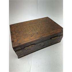 Three inlaid wooden boxes, together with an oak table top cabinet, tallest H42cm