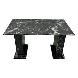 Marble hall table with orthoceras and goniatite inclusions, the rectangular top upon two rectangular stepped plinths, H78cm, L135cm, D77cm