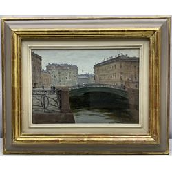 Michael (Mikhail) Nicolayevich Sokolov (Russian 1931-): 'Bridge on the River Fontanka - Leningrad', oil on board unsigned, titled and dated 1976 on exhibition label verso 23cm x 33cm
Provenance: with Roy Miles Gallery, 29 Bruton Street, London; the artist's Studio, Moscow Stock No. 2099