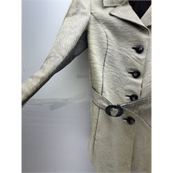 White pony hide, with grey leather sleeves and silk liner