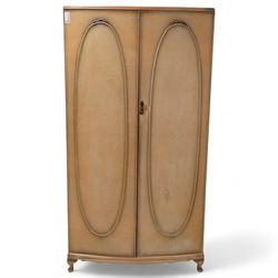 Early 20th century bleached walnut bedroom suite - large double wardrobe (W123cm, H189cm, D64cm); smaller double wardrobe (W92cm, H177cm, D55cm); dressing table (W116cm, H153cm, D61cm); and bedside (W37cm, H69cm, D33cm), with stool 