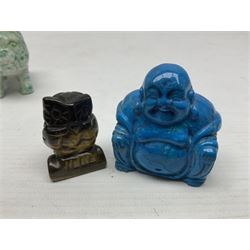 Carved Lapis lazuli figure in the form of Ganesha, together with turquoise carved buddha, tigers eye owl and other carved figures and plaques, Ganesha 8cm