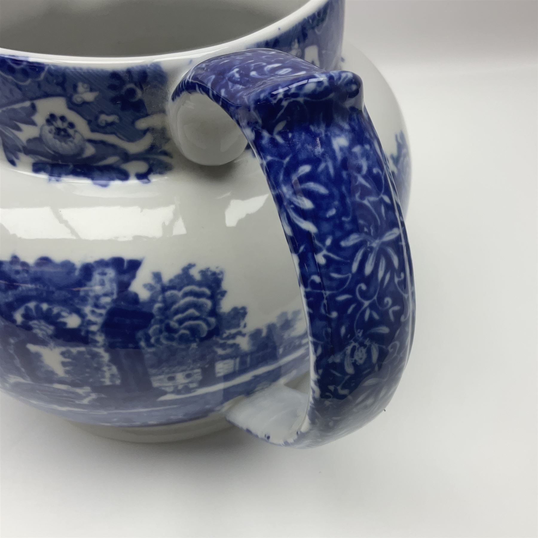 Large blue and white jug, decorated with landscape transfer print, H24cm