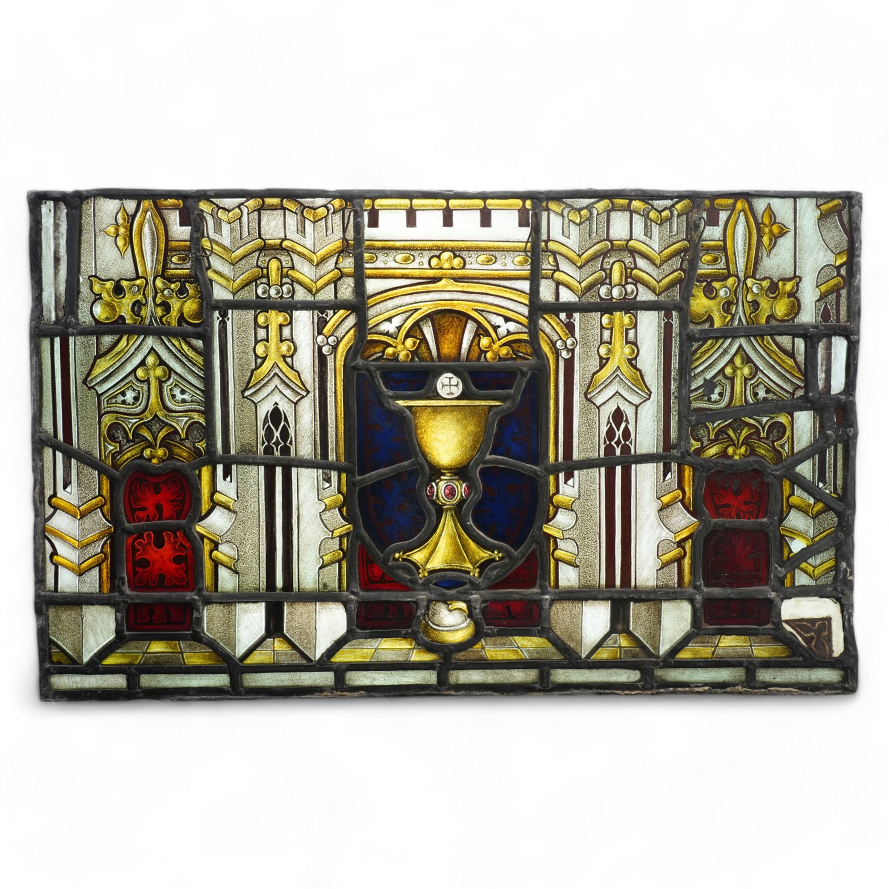 19th century leaded glass religious panel with a central chalice and various symbols 38cm x 61cm