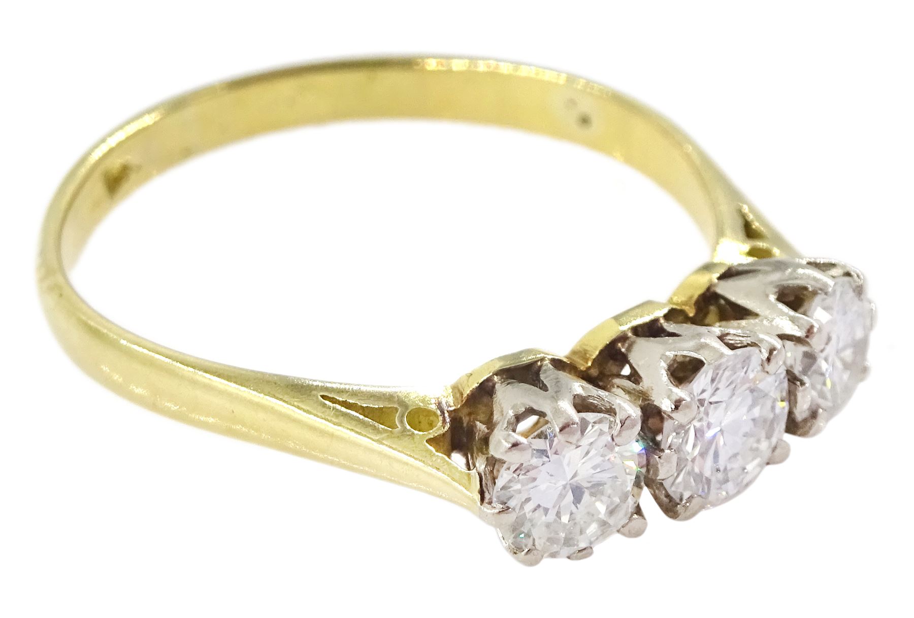 18ct gold three stone round brilliant cut diamond ring, total diamond weight approx 1.00 carat