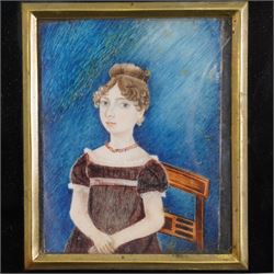 English School (Early 19th century): Portrait of 'Jane Duggleby (1809-1898) aged 12' seated and wearing an empire waist gown, miniature watercolour on ivory unsigned, inscribed verso 15cm x 22cm. This item has been registered for sale under Section 10 of the APHA Ivory Act