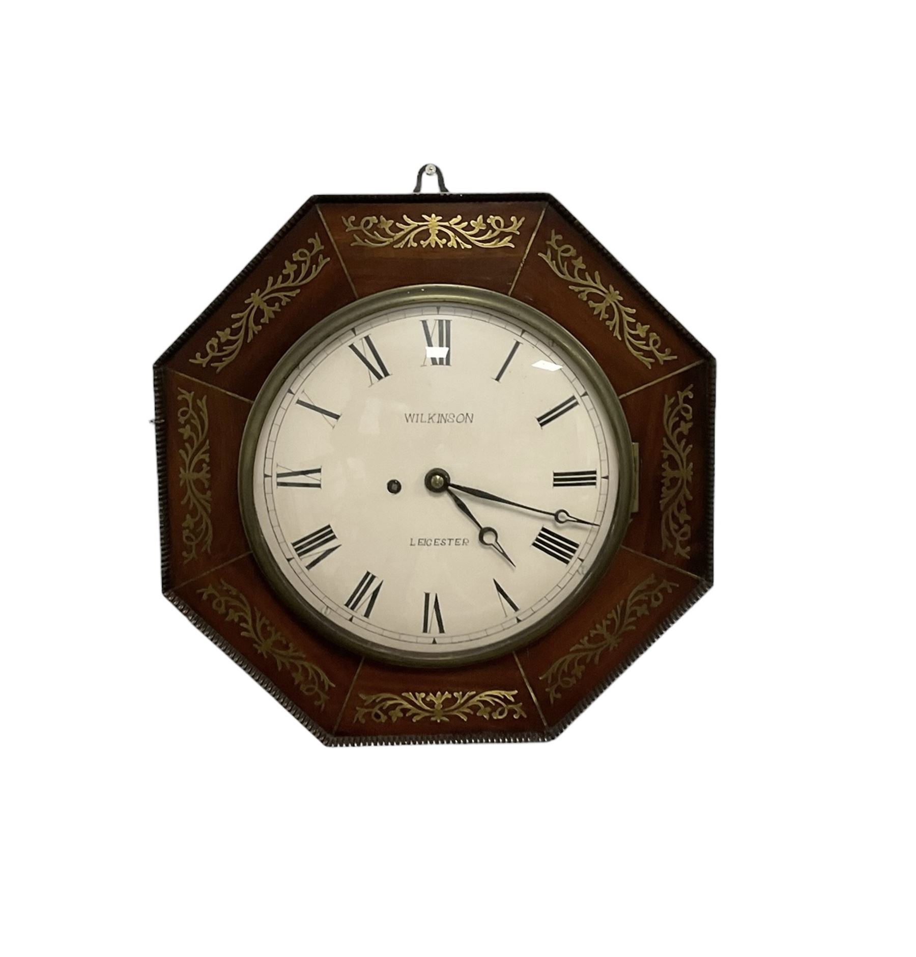 Wilkinson of Leicester - mid-19th century octagonal mahogany cased 8-day wall clock, dial surround inlaid with brass fretwork and a cast brass bezel, 10