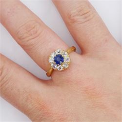 Early 20th century 18ct gold sapphire and old cut diamond cluster ring, total diamond weight approx 0.50 carat