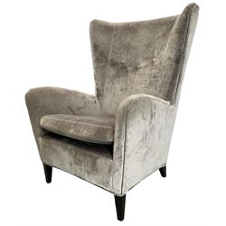 2 x Wing back armchair upholstered in silver crushed velvet fabric