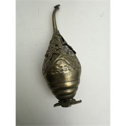 Egyptian white metal rosewater sprinkler, the pear shaped body embossed with flowers, the screw top with applied rose and bird decoration, upon foliate base, H20cm