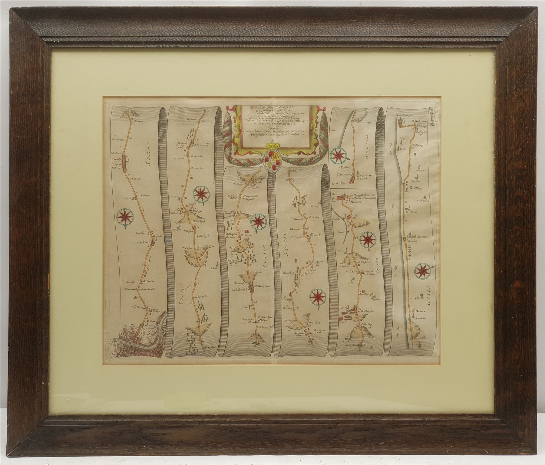 John Ogilby (British 1600-1676): 'The Road from London to Newhaven', engraved strip map with later hand colouring pub. 1675, 33cm x 46cm