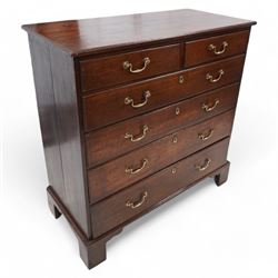 George III oak chest, rectangular protruding top with moulded edge, fitted with two short ...