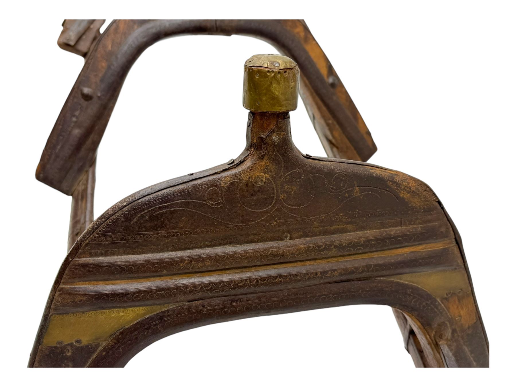 Late 19th to early 20th century hardwood and metal mounted camel saddle 