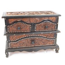 Eastern carved table top chest, two short over one long drawer, mother of pearl inlay, H38cm, L48cm