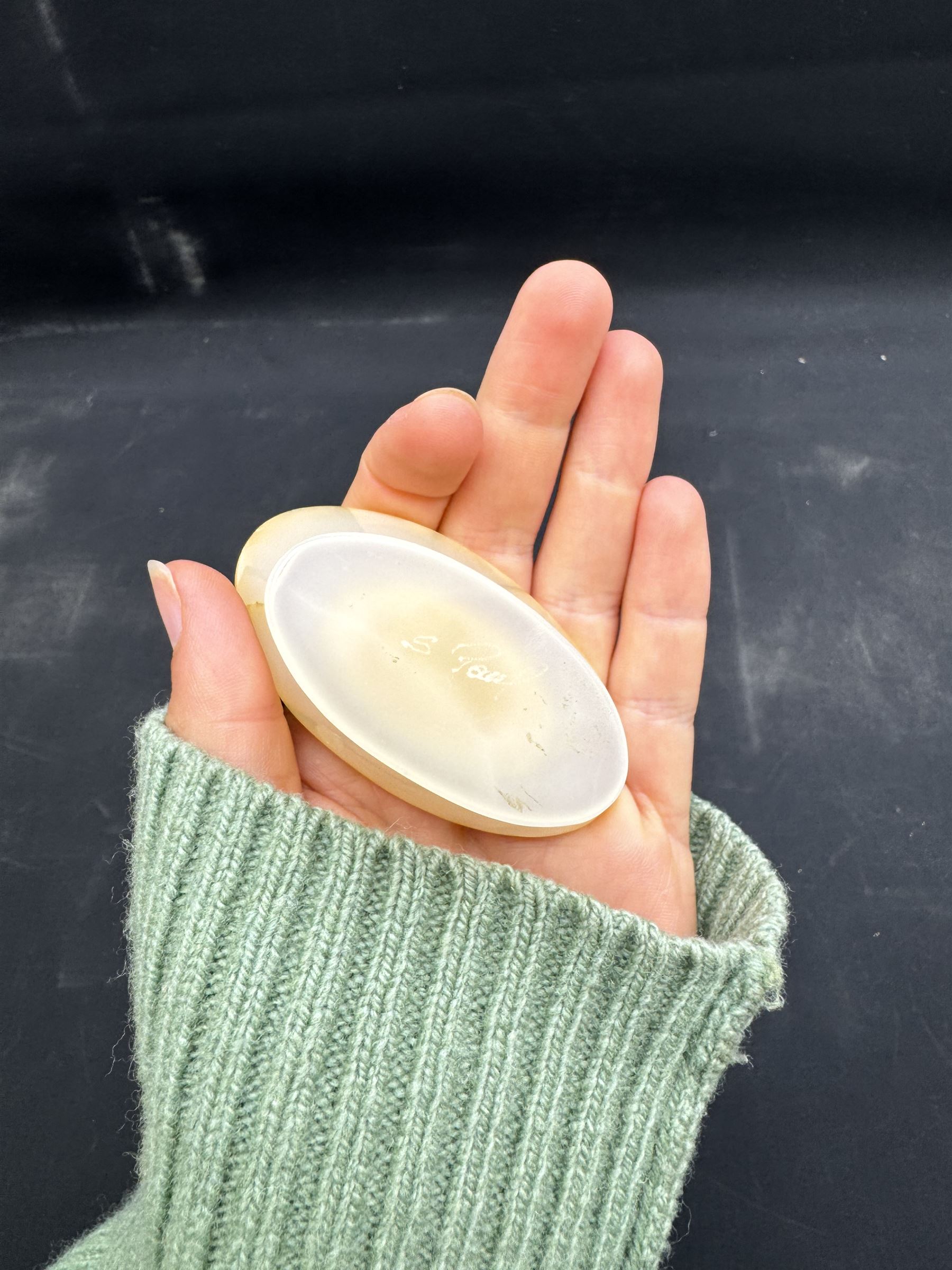 Agate open salt, of navette form, upon a stepped oval pedestal foot, H5cm