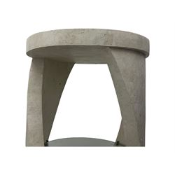 Composite stone display stand, circular twist form, fitted with three glass shelves