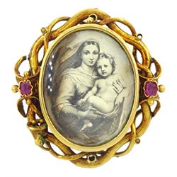 Early 20th century gold ruby set brooch, depicting Madonna and child