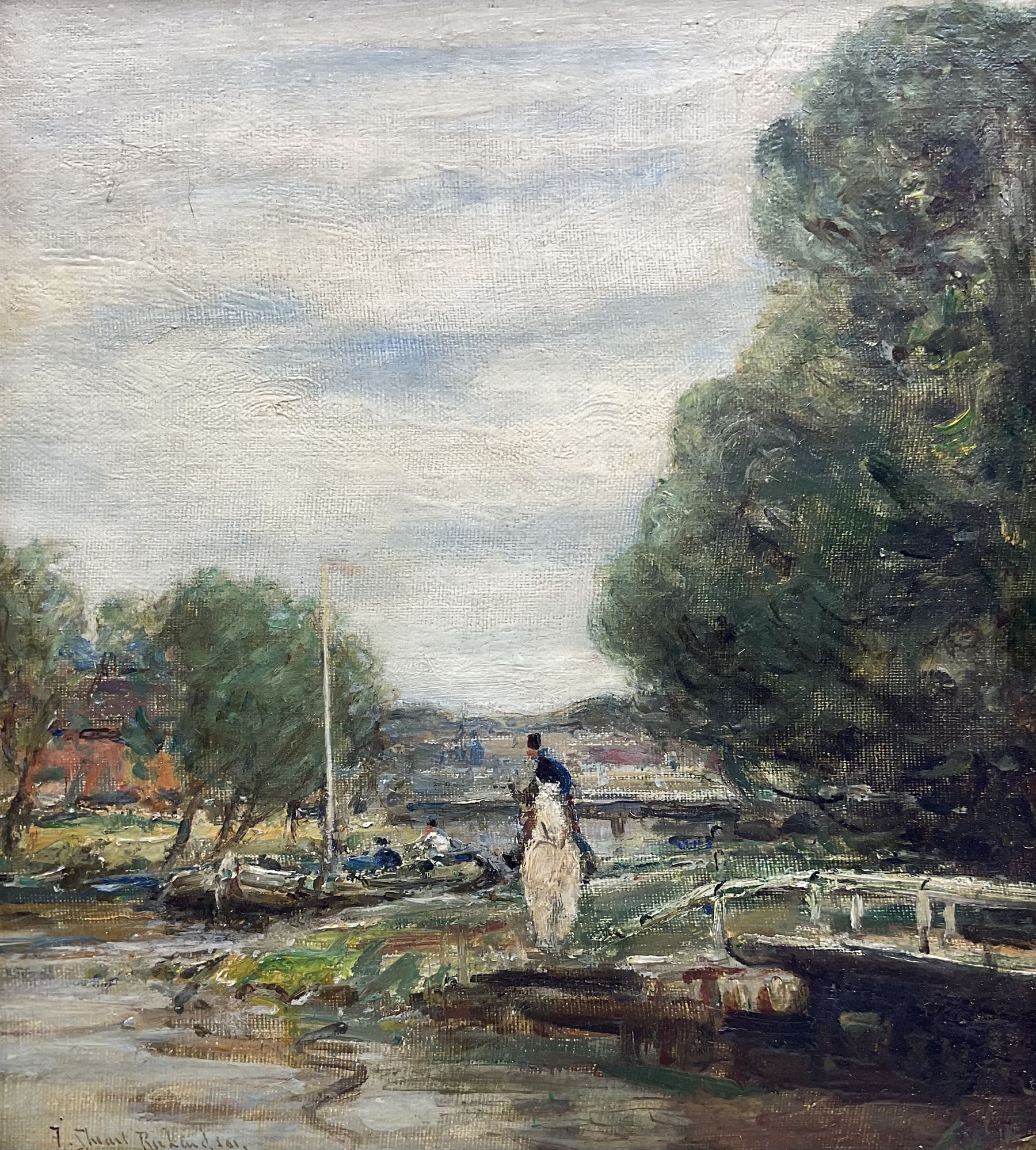 Frederic Stuart Richardson (Staithes Group 1855-1934): Upon Horseback by the Canal Side, oil on canvas signed 26cm x 23cm 
Provenance: exh. Phillips & Sons, Marlow, label verso