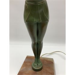 Art Deco patinated spelter table lamp, modelled as a young woman, upon a canted square alabaster plinth, H49.5cm