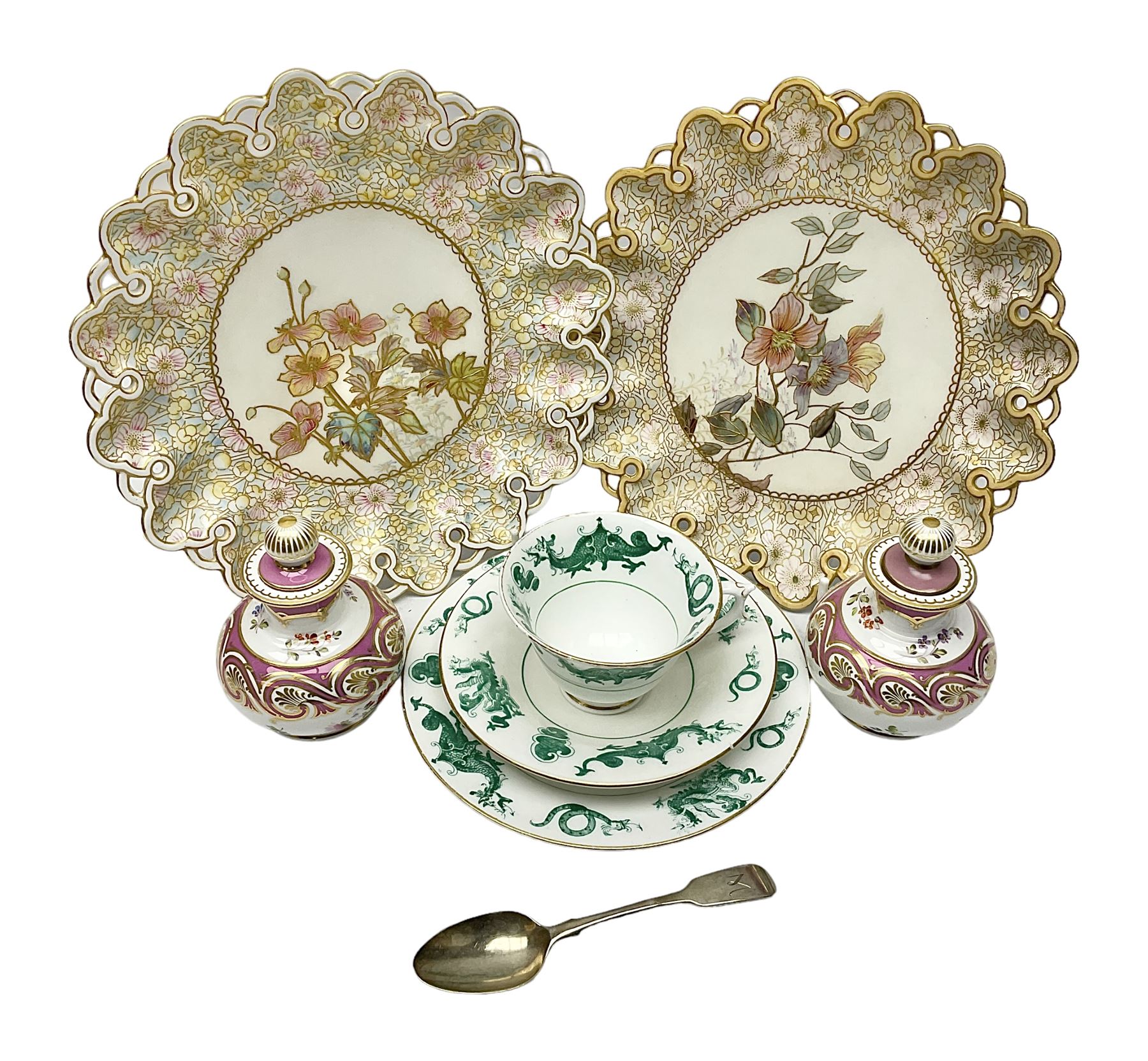 Georgian silver teaspoon, hallmarked Willaim Bateman, together with two Doulton Burslem Spanish Ware plates, decorated with floral sprigs and with pierced gilt borders, together with a pain of continental miniature urns and a Royal Worcester tea cup and saucer trio, plates D22cm