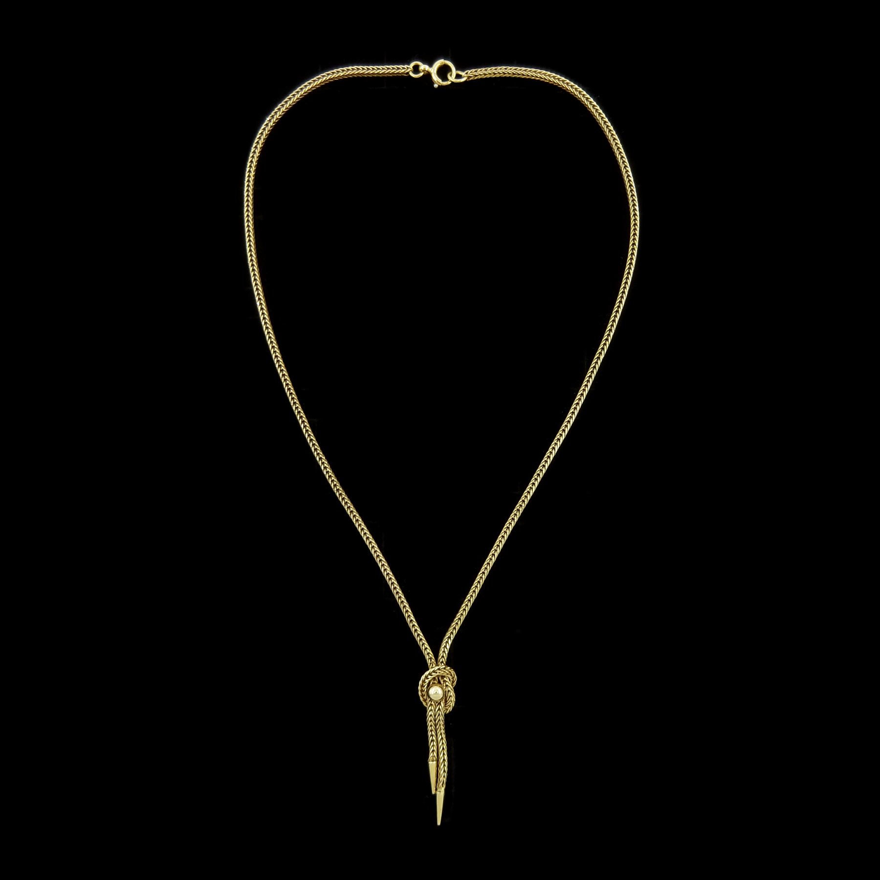 9ct gold wheat chain link necklace, to a knotted terminal, Birmingham 1980  