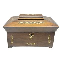 Victorian inlaid rosewood tea caddy of sarcophagus form H18cm