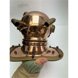 Copper novelty miniature diving helmet, together with underwater camera, helmet H20cm