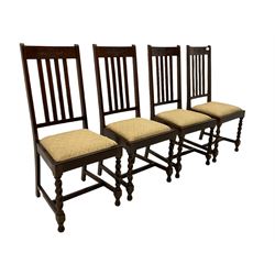 Set of four early 20th century oak barley twist dining chairs, drop in seats