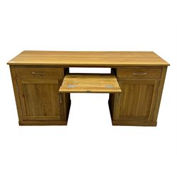 Contemporary light oak twin pedestal desk, fitted with three drawers over two cupboards with chrome handles, the central drawer with hinged front panel revealing pull-out keyboard tray, on plinth base