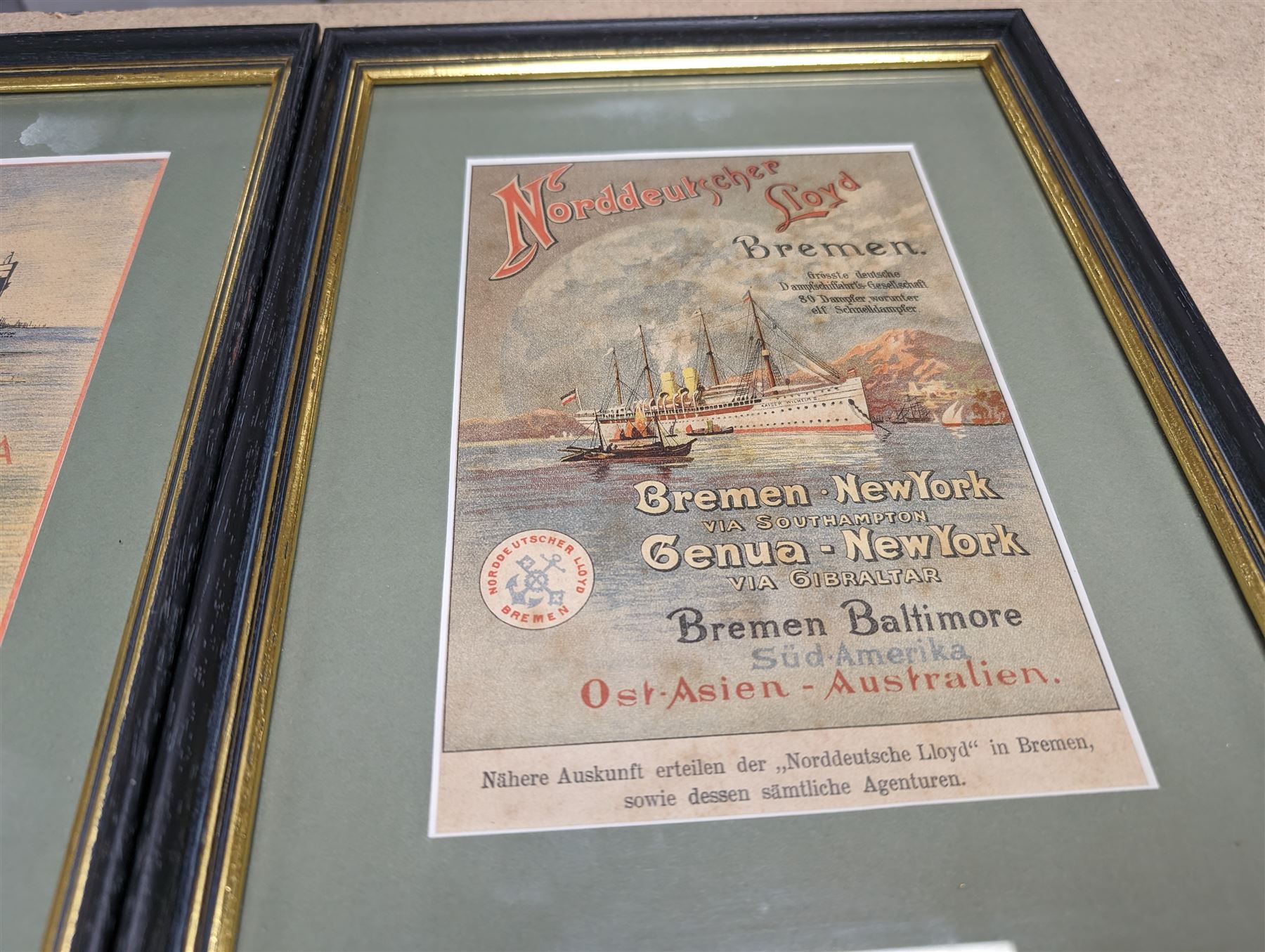 Two framed German shipping prints, together with a framed black and white postcard of United States Lines S.S. Leviathan