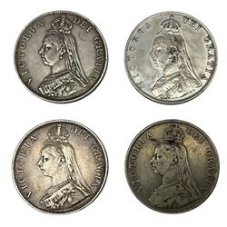 Four Queen Victoria double florin coins, dated three 1887 and 1889 (4)