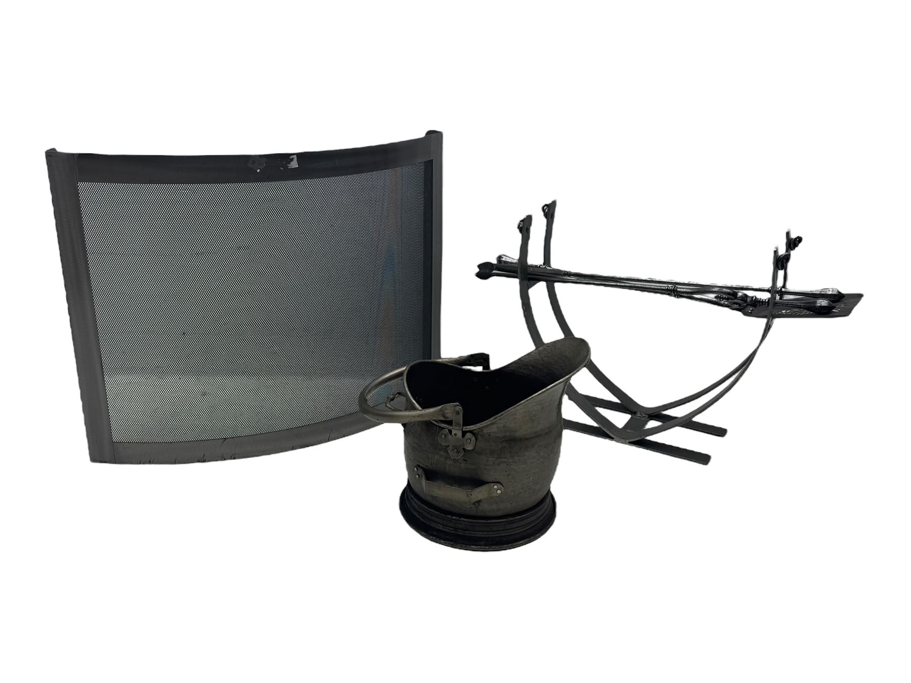 Burnished metal fire set - curved spark guard (W77cm, H60cm); log basket; companion set; helmet coal bucket 