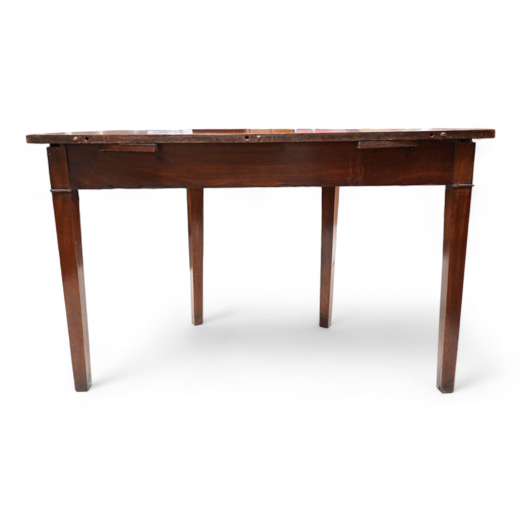 Pair of George III mahogany D-end or console tables, demi-lune top over banded and cross-banded frieze with satinwood stringing, raised on square tapering supports with ebony inlay (W103cm D52cm H73cm); together with another similar pair (W118cm D58cm H74cm)