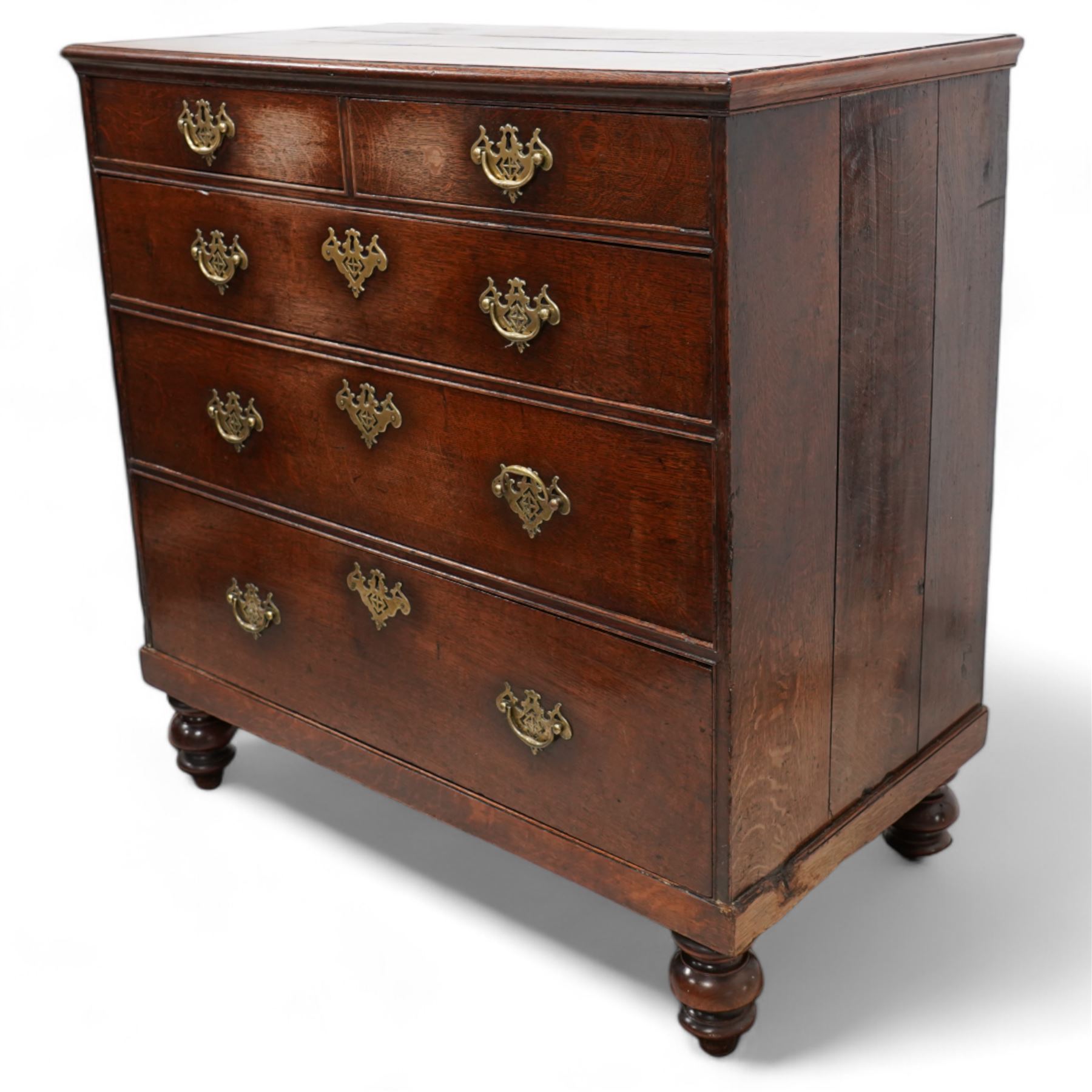 George III oak chest, rectangular crossbanded top, fitted with two short over three long graduating drawers, on turned feet